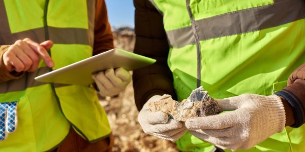 Mid-section portrait of two unrecognizable industrial workers wearing reflective jackets, one of them African, inspecting mineral ore on site outdoors and using digital tablet