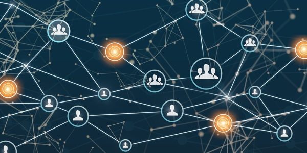 Linking entities. Networking, social media, SNS, internet communication. Small network connected to a larger network. 3d illustration.